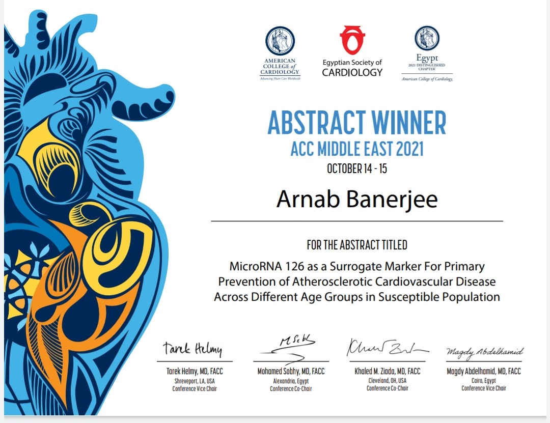 miluban007's tweet photo. Happy to announce that the 5th paper of our series on miRNAs has been accepted at ACC.22, Washington DC; along with the 3rd one being an invitational research article in ACC.22  for being awarded one of the Abstract Winners in ACC Middle East 2021!  Cheers!!! #ACC #Cardiology https://t.co/aGEBtAFRpg
