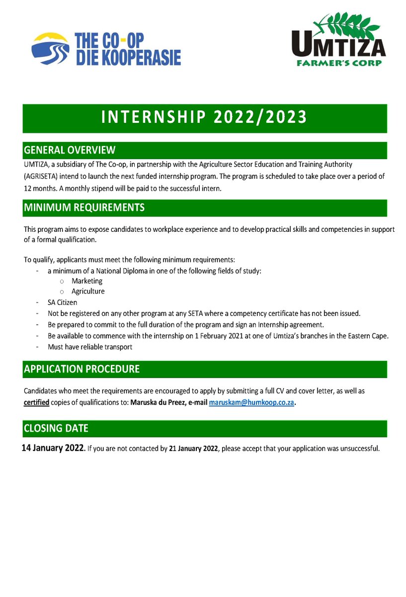 Internship Opportunity: Applications close 14th January 2022.