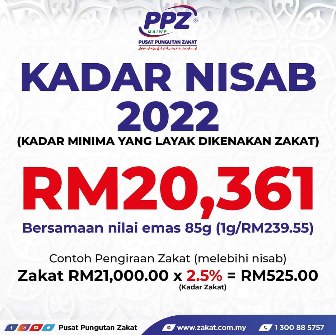 NISAB ZAKAT TAHUN 2022

Untuk makluman, nisab semasa bagi tahun 2022 adalah RM20,361.

Sekiranya anda ingin menunaikan qadha zakat, boleh rujuk nisab pada tahun-tahun sebelum di link ini:

✅zakat.com.my/info-zakat/ark…

#nisab
#PPZMAIWP
#PusatPungutanZakat
#MemudahkanAndaBerzakat