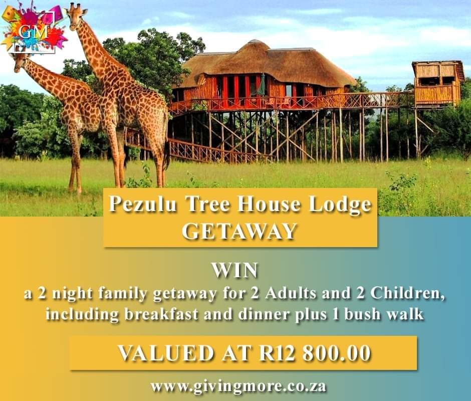 WIN a 2 night family getaway for 2 Adults and 2 Children, including breakfast and dinner plus 1 bush walk valued at R12800.00 😁😁😁

To enter simply RT and tag someone who would love to win

For prize details click here - givingmore.co.za/index.php/pezu…

#win #competition #getaway #free