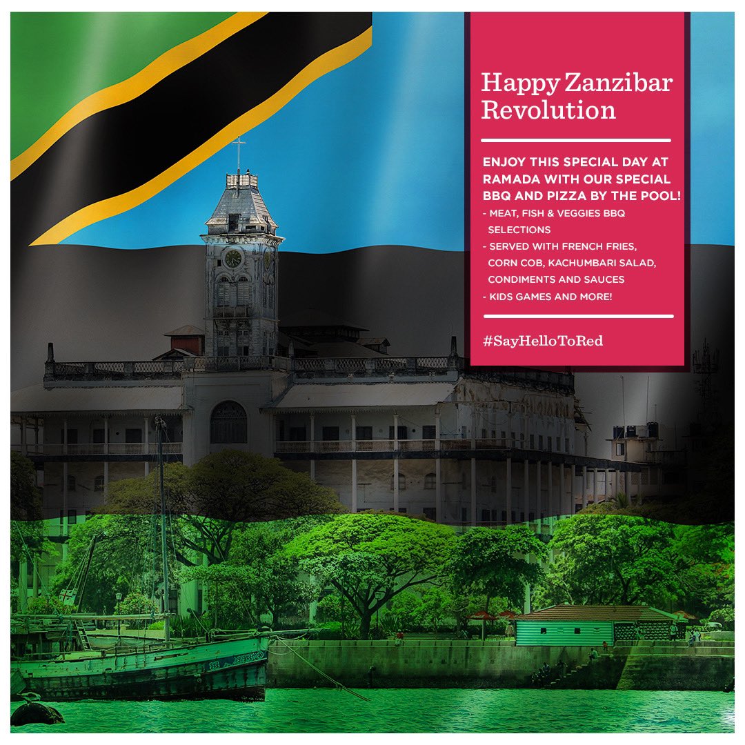 RamadaResortDar's tweet photo. Happy Zanzibar revolution day!
Enjoy this holiday by exploring our BBQ menu served by the pool offering a variety of meat, fish and veggies. Our kiddos club is also open with endless entertainments for just Tsh 10,000 per kids between 2 to 8 years. #sayhellotored #heavenonearth https://t.co/fDjTCBR3wB