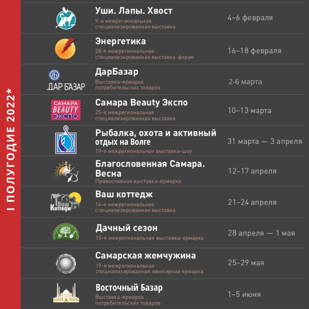 📣Дорогие друзья! Открываем выставочный сезон и рады представить вам план выставочных проектов ВК "Экспо-Волга" на 1 полугодие 2022 года*
Более подробная информация о предстоящих выставках на нашем сайте: expo-volga.ru