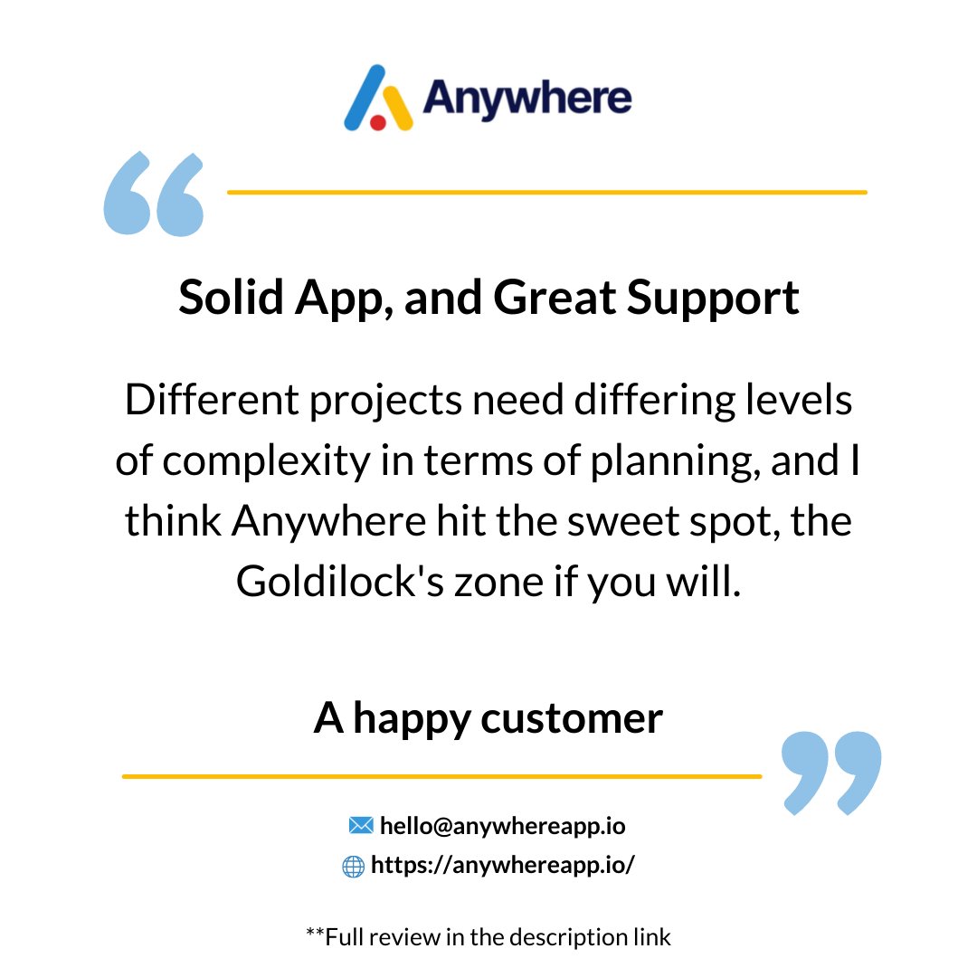 AnywhereAppIO's tweet photo. "Solid App, and Great Support" - Another happy customer 😀

Read the full review here -
https://t.co/aWbnHtjxHr
.
.
#wednesday #anywhereapp #anywherereview #product #saas #projectmanagementtool #products #smallbusiness https://t.co/Q0NHAVjzcx