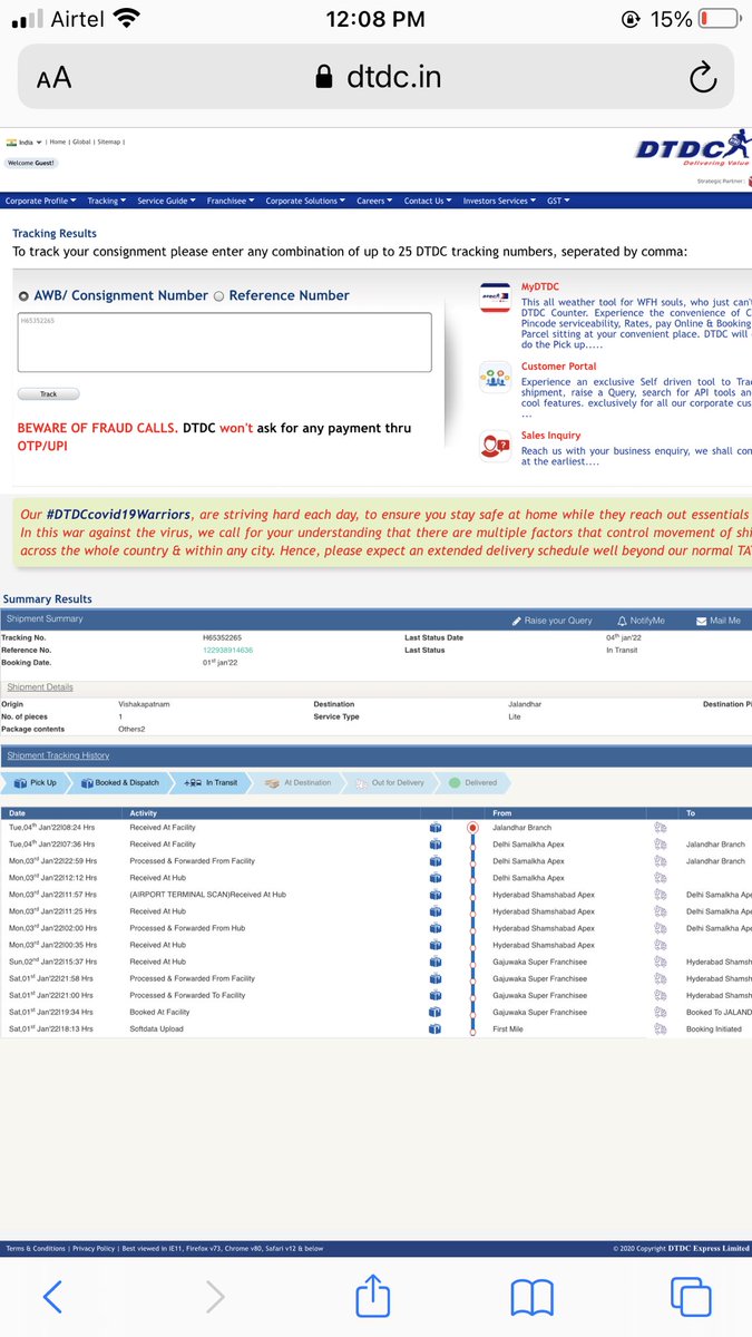 GurtejS20588317's tweet photo. @DTDCIndia  My courier has arrived Jalandhar Branch on 4 January 2022 and not yet delivered !
Below is tracking number and attached screenshot - H65352265 .
Tried calling DTDC OFFICE, From last 2 days they reply we will deliver it today ! Kindly check ! It’s pathetic service ! https://t.co/7aaCVSnKa0