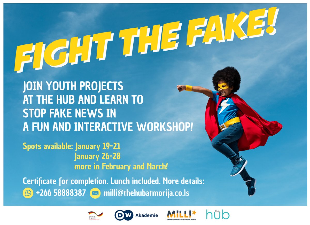 thehubatmorija's tweet photo. #FightTheFake Youth Projects are back! Spots still free for participants on:
January 19-21
January 26-28
More in February and March!

Contact The Hub for more details:
Phone/WhatsApp: +266 58888387
Email: milli@thehubatmorija.co.ls https://t.co/skpTGYhOxt