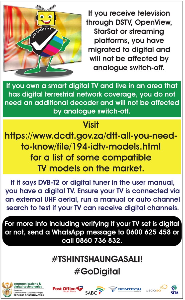 If you receive your television signal through <a href="/DStv/">DStv</a>, <a href="/openviewforever/">Openview</a>, <a href="/Starsatsa/">starsatsa</a>, any other streaming platform or you have migrated to the digital signal, you will not be affected by the analogue switch-off.
Send a WhatsApp 📲 to 0600 625 458 or 📞 0860 736 832 for more info.