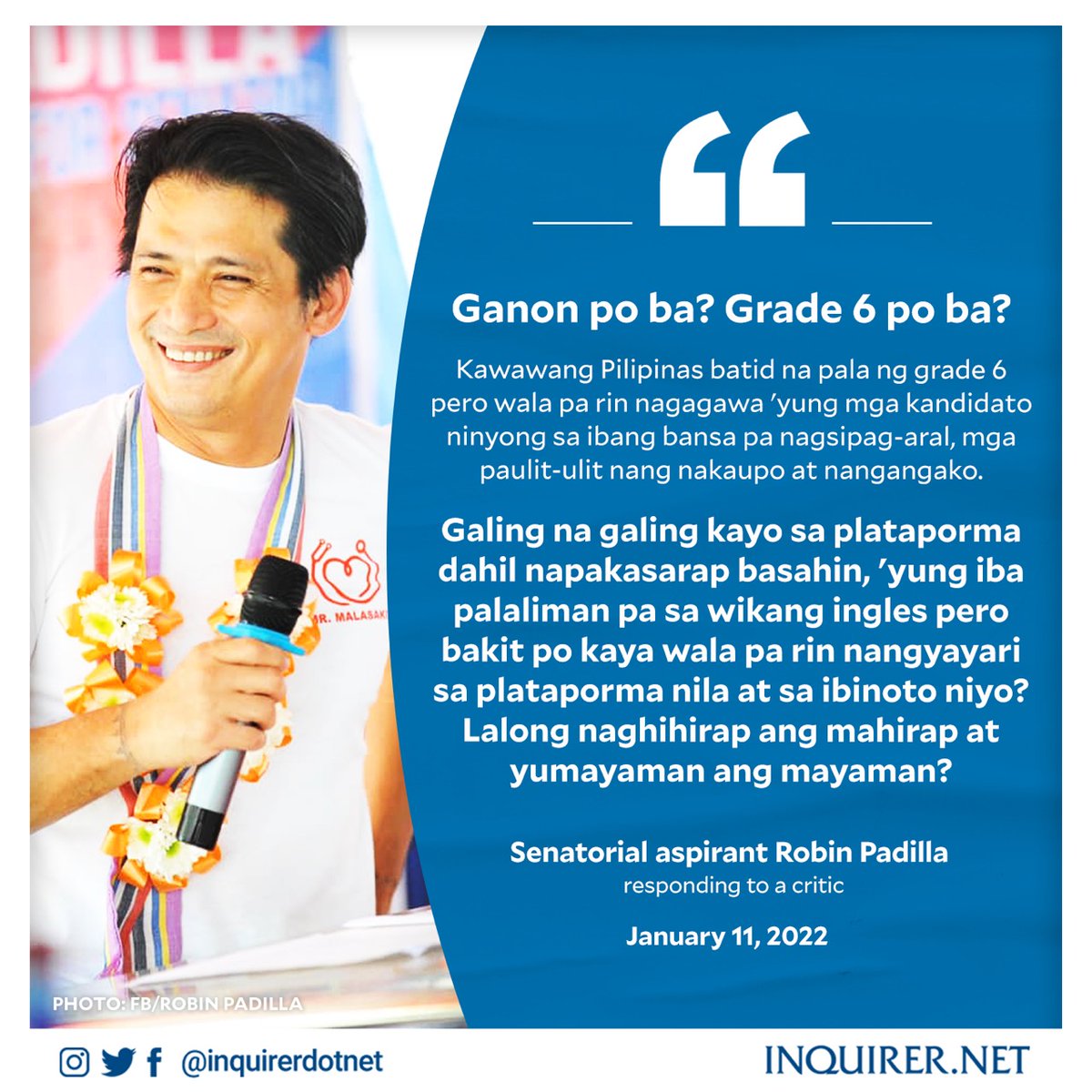 inquirerdotnet's tweet photo. 'GRADE 6 PO BA?'

Senatorial aspirant Robin Padilla took to Facebook to lambast a detractor who likened his platforms to the level of a grade 6 class president. https://t.co/DVi8Msdhlv