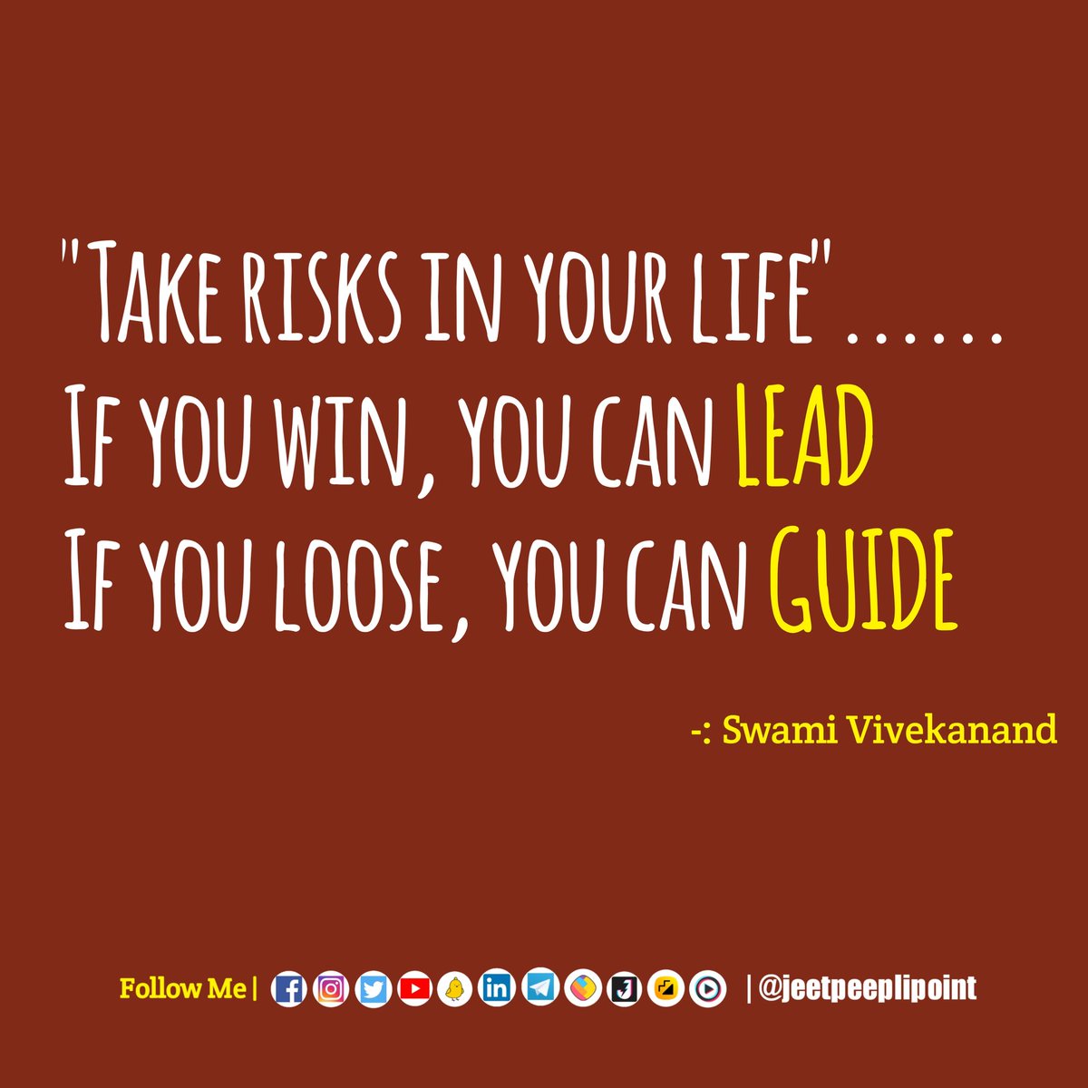 jitendrajsingh0's tweet photo. On the National Youth Day Just Remember one quote of #SwamiVivekananda ji

"Take risks in your life"
If you win, you can LEAD
If you loose, you can GUIDE

@jeetpeeplipoint
#VivekanandaJayanti
#YouthDay #YuvaDiwas #NationalYouthDay #राष्ट्रीय_युवा_दिवस #युवादिवस https://t.co/NwebAvuBmT