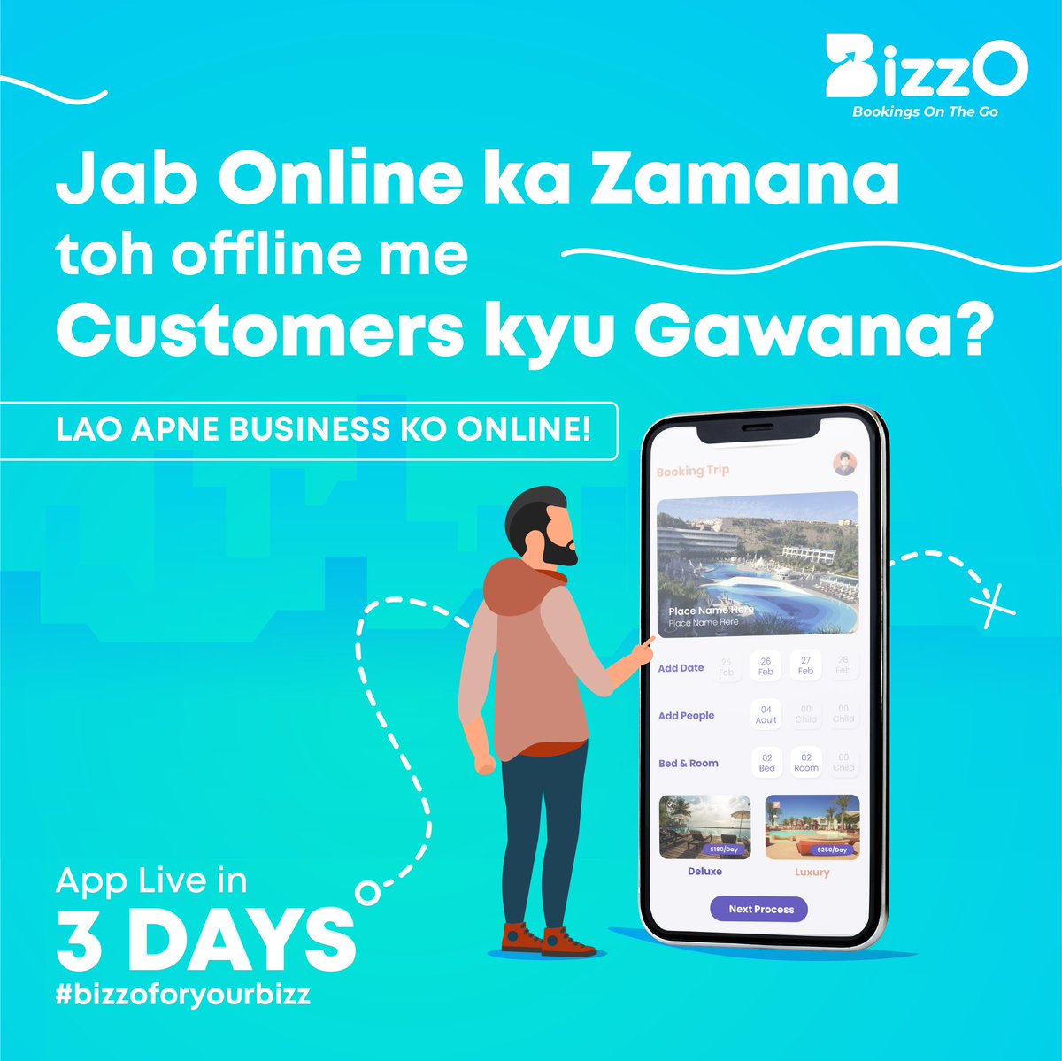 BizzoApp's tweet photo. Ab aapka travel business pura India search karega online! Aa raha hai Bizzo, aapke business ko badhane.

Stay tuned, Bizzo is coming for your business in 3 days.

#bizzoforyourbizz #BusinessOnTheGo #GoBizzo #AppLaunchingSoon #Staytuned #TravelBusiness #Travel #Hotel https://t.co/641bQheTfi