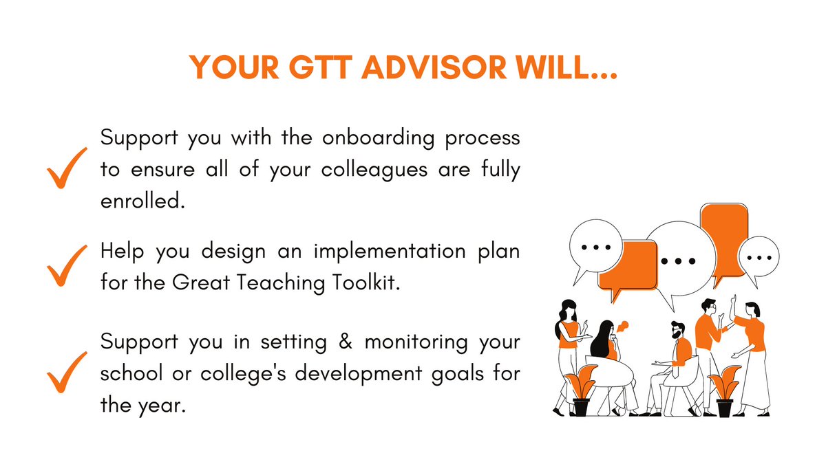 Every school that signs-up to the Great Teaching Toolkit is assigned an Advisor, who will help you get the most out of the Toolkit. 

Speak to one of our GTT Advisors to find out how you might implement the Toolkit in your context. 👉 hubs.la/Q011MRbN0