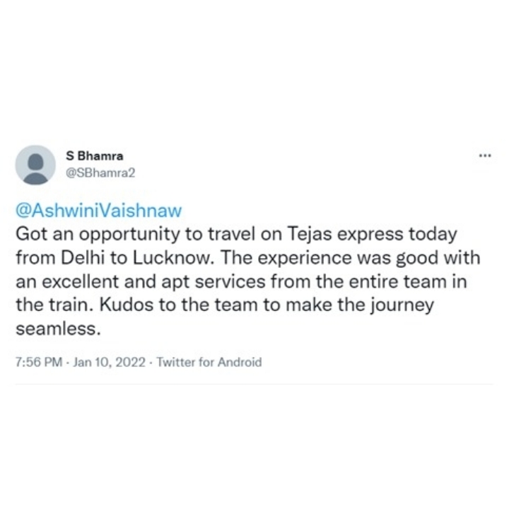 IRCTCofficial's tweet photo. We at #TejasExpress always aspire to make our passenger's travel experience most comfortable. Here are a few passenger feedbacks on Tejas Express services.
#TejasExpress #GoTejasGo https://t.co/Ktpv9Baqek