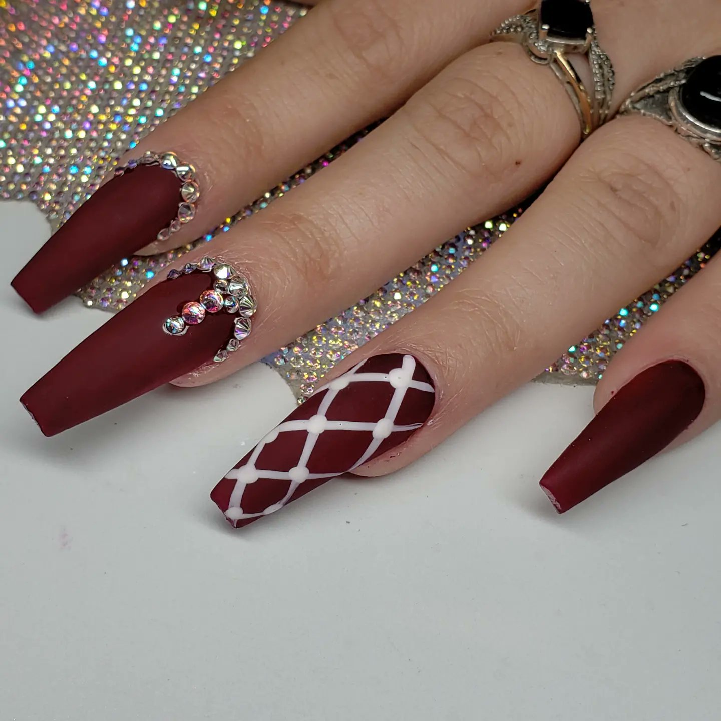 Red Heart French Tip Coffin Wave Swirl Press On Nails Kit - TGC Boutique