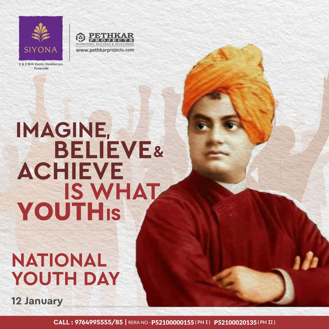 PethkarPro's tweet photo. On this Youth Day, “ Pethkar Projects” honors the extraordinary leader Swami Vivekanand who spread awareness about the most significant asset that the youth is and how they can contribute to the country’s development. 
https://t.co/eoaxakowbB
.
#pethkar_projects #siyona https://t.co/cMtaBUgxeV