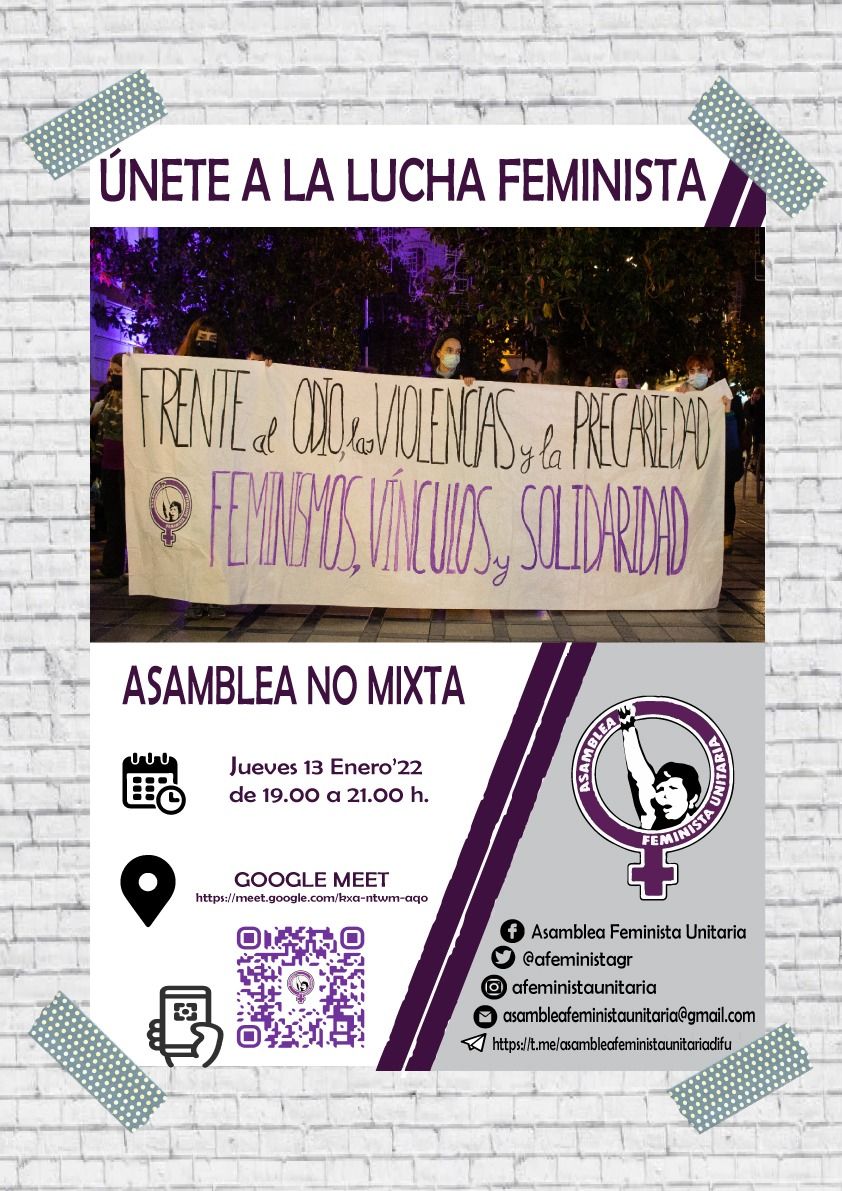 Mañana jueves tenemos nuestra primera asamblea del año. Será online dada la alerta sanitaria. Os esperamos a todas, todes. Podéis conectar escaneando el QR o a través del enlace  
meet.google.com/kxa-ntwm-aqo