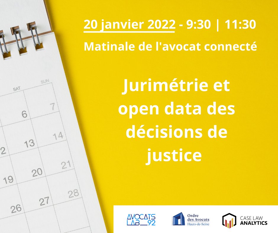 La première matinale de l’#avocat connecté de l’année de notre partenaire, l’incubateur du <a href="/barreau92/">Barreau des Hauts-de-Seine</a>, Avocats Lab'92 sera consacrée à la #jurimetrie et à l’#opendata des décisions de justice avec Yann Leclerc Jacques Lévy Véhel <a href="/jpmariani/">Maître Jean-Philippe MARIANI</a> Denis Musson <a href="/SumiStAuguste/">Sumi Saint Auguste</a> <a href="/OpenLaw_fr/">Open Law*</a>