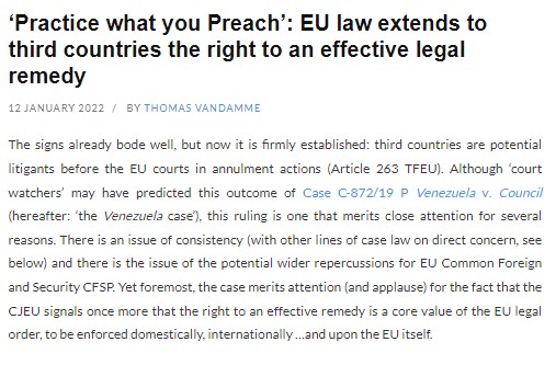 EuropeanLawBlog's tweet photo. Check out the newest post on the blog by Thomas Vandamme who analyses the Court's recent judgment in Venezuela v. Council, in which it held that #thirdcountries are potential #litigants before the EU courts in annulment actions.
Read more at: https://t.co/uMQstqsJTA https://t.co/Osc2uoFaRF