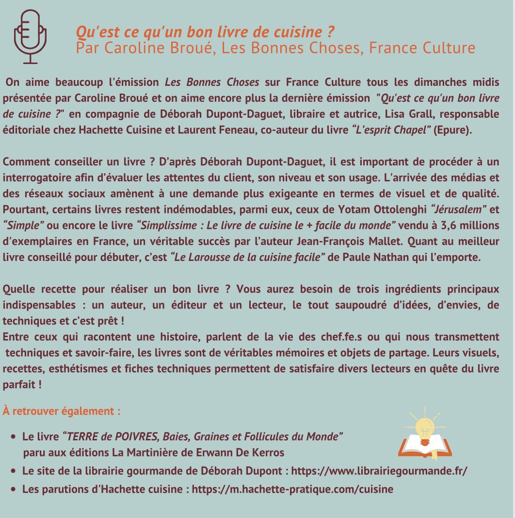 HugolGential_Cl's tweet photo. #JustWomenEat #Podcast

J’aime beaucoup l’émission « Les bonnes choses » sur @franceculture présentée par @cbroue et j’aime encore plus quand c’est @Debo_Libgourman l’invitée !

Pour cette émission les invité.e.s nous éclairent sur ce qu’est un bon livre de recettes https://t.co/QDAkwUEaVZ