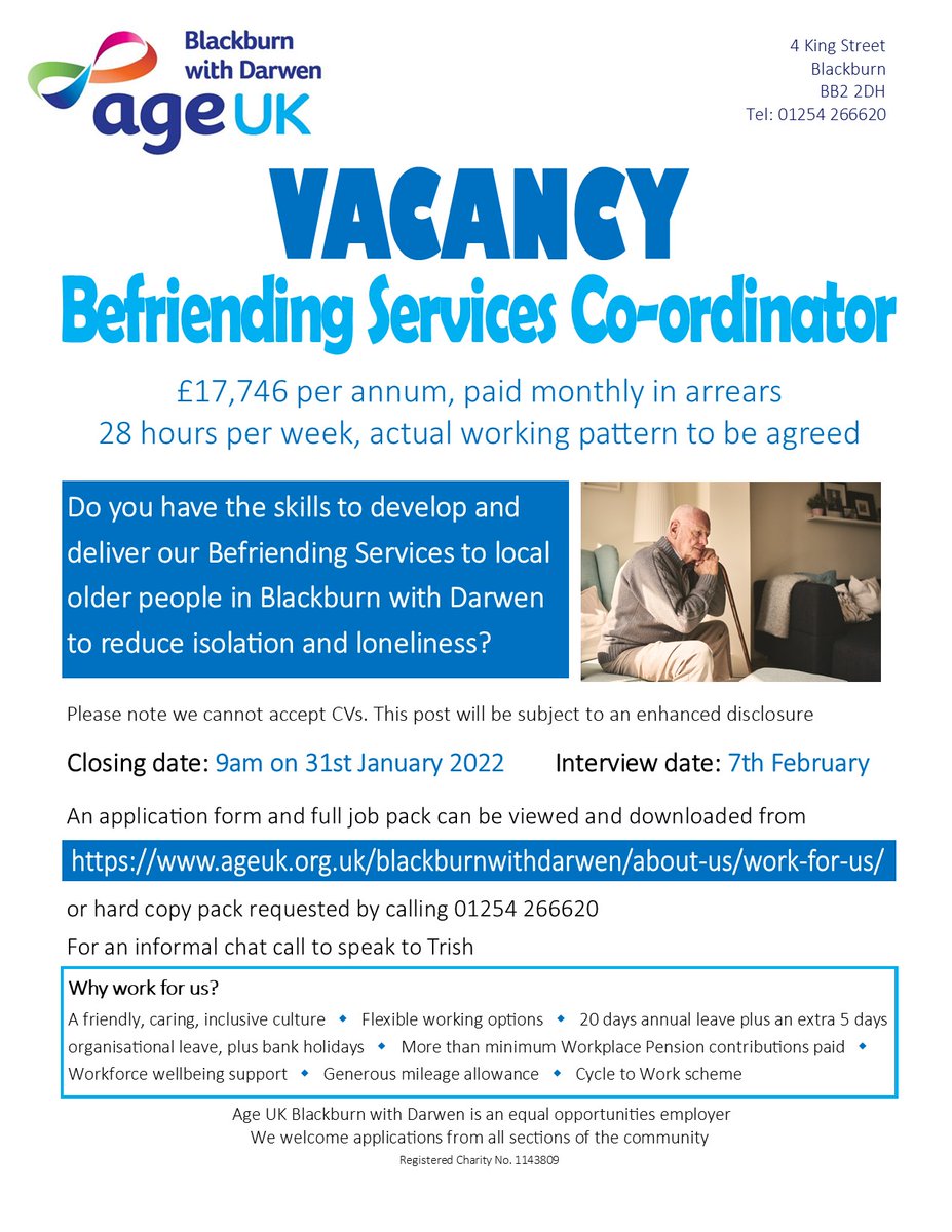 AgeUKBwD's tweet photo. Not only are we a good organisation to work for. we also have a great part time role making a real difference to the most vulnerable older people locally. Applications close 31st January please RT
https://t.co/DylAbWRE32 https://t.co/xGkioc3Ol8
