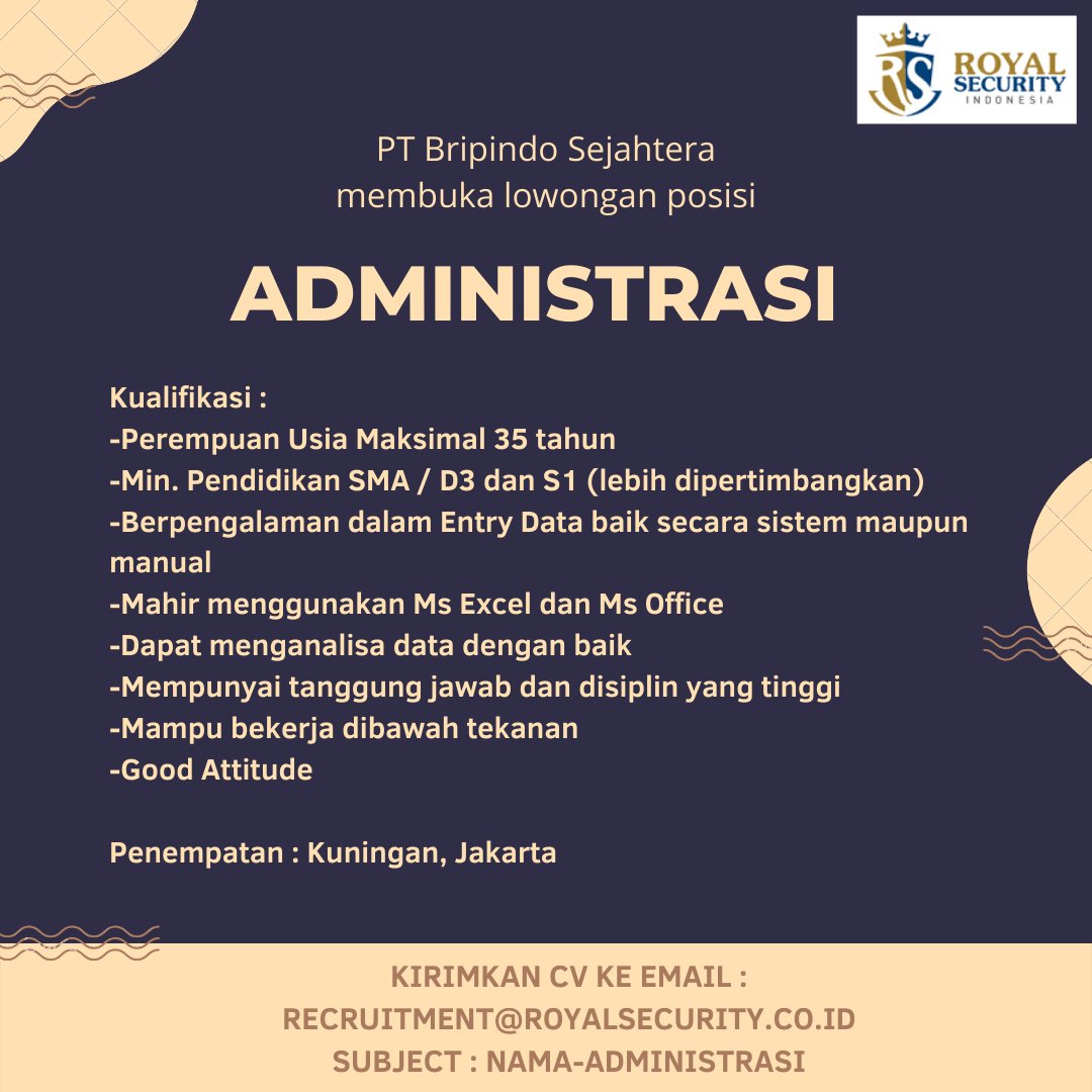LowonganKami's tweet photo. #Hiring Administrasi - Jakarta 

Tlg diretweet ya kak @hrdbacot @bursaloker @karirmuid @rekrutmen_idn @lokerbaseindo @jktkerja @lokerfes @carilowongan @mas_recruiter thanks

#lowongankerja #loker #infojakarta #lowonganjakarta #lokerjakarta #jakartakarir #InfoLoker #lokerupdate https://t.co/N3AENVl6V8