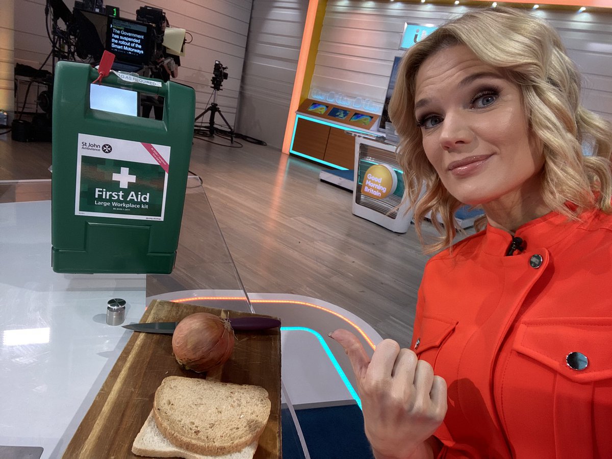CharlotteHawkns's tweet photo. I mean what could possibly go wrong?? Trying out whether having a piece of bread in your mouth while you chop an onion really does stop you crying… my demonstration coming up shortly on @GMB. I see the team aren’t worried at all about my knife skills! ⛑ https://t.co/XzRyuupXpW
