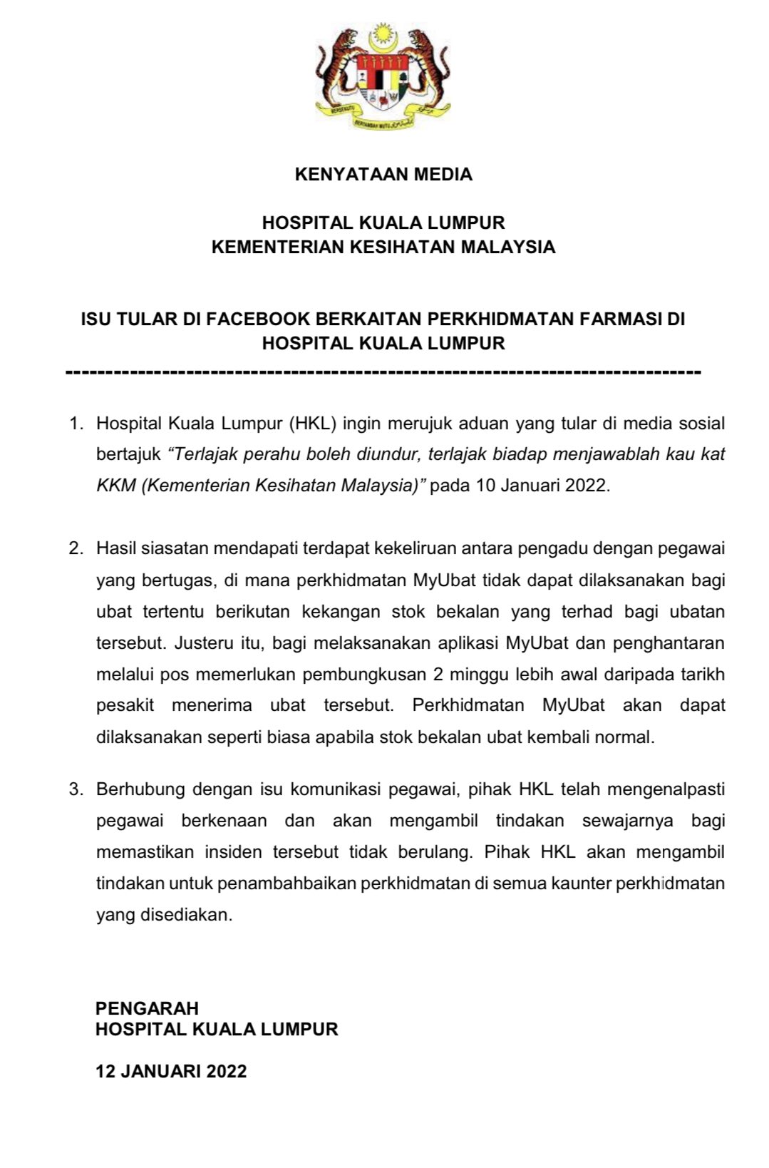 Kkmalaysia On Twitter Kenyataan Media Hospital Kuala Lumpur Kementerian Kesihatan Malaysia Isu Tular Di Facebook Berkaitan Perhidmatan Farmasi Di Hospital Kuala Lumpur Https T Co Uqsjlksfpq Twitter