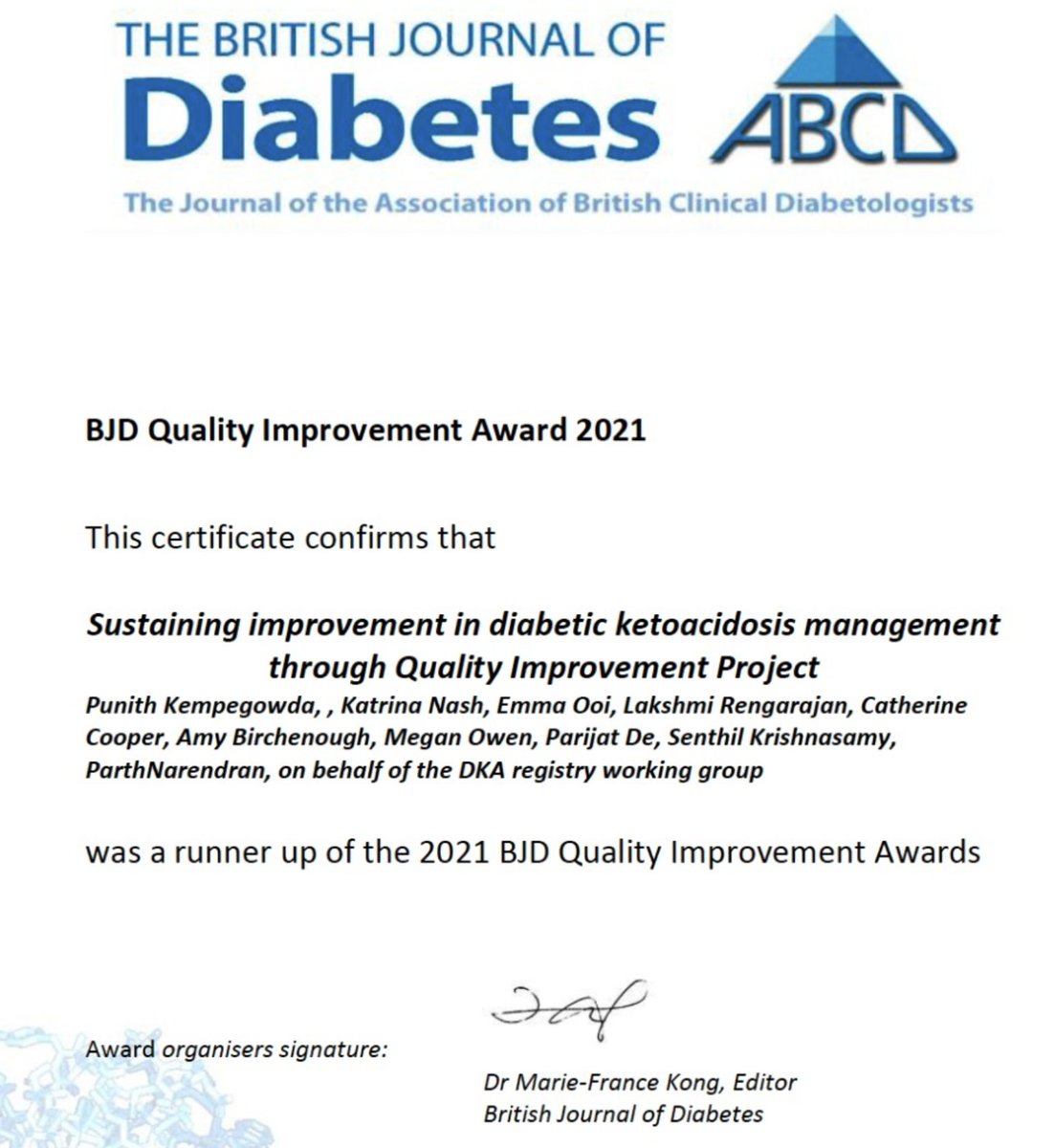 Punith Kempegowda (@drpunith) on Twitter photo Thanks for the award <a href="/ABCDiab/">ABCD Diabetes</a>.๐ This is a massive achievement at the national level for #QIP run by #medstudents & #juniordocs with modest resources. ๐
Now spanning across 6 hospitals, this award encourages us to expand to improve #DKA management everywhere.๐
#FutureLeaders Thanks for the award <a href="/ABCDiab/">ABCD Diabetes</a>.๐ This is a massive achievement at the national level for #QIP run by #medstudents & #juniordocs with modest resources. ๐
Now spanning across 6 hospitals, this award encourages us to expand to improve #DKA management everywhere.๐
#FutureLeaders