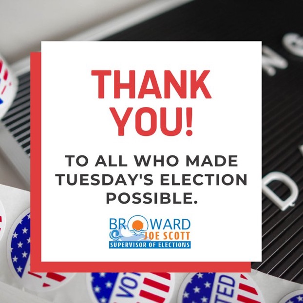 To the 1000+ poll workers &amp; temp staff who made this Special Election &amp; Special Primary Election happen, THANK YOU! You are greatly appreciated. #BrowardVotes #BrowardProud #PollworkerAppreciation
