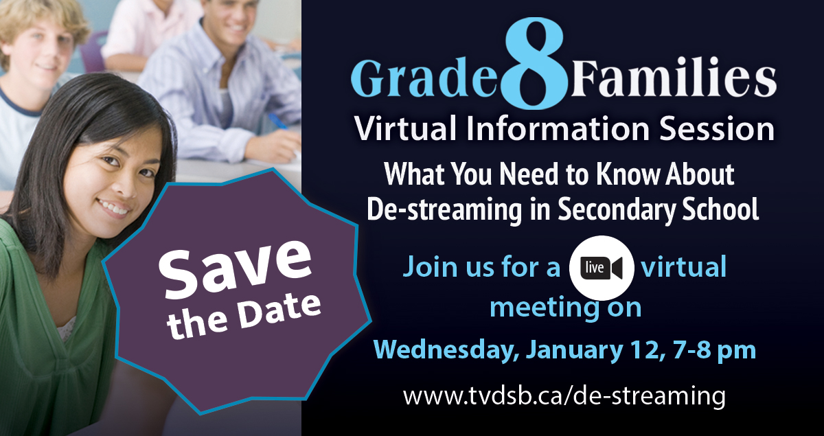 TVDSB's tweet image. TONIGHT: Join us for a LIVE virtual meeting from 7:00 p.m. to 8:00 p.m. to learn more about de-streaming and how it results in better outcomes for all #TVDSB students. Go to tvdsb.ca/de-streaming.