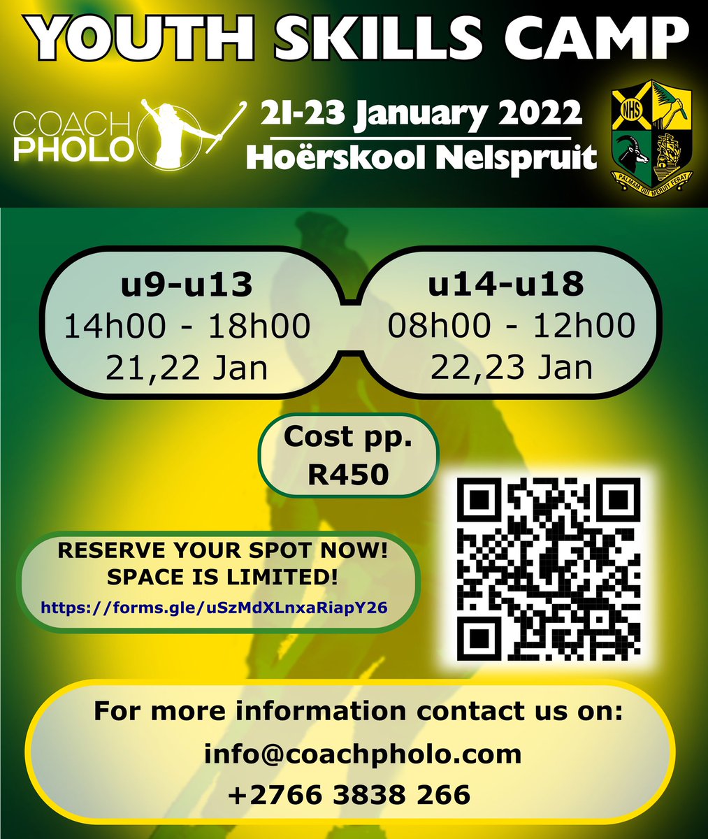 NELSPRUIT ARE YOU READY?!!!

Calling all u9 - u18 players… #CoachPholoSkillsCamp

The <a href="/coachpholo/">Tsoanelo Pholo OLY</a> Hockey #YouthSkillsCamp will take place at @hskool_nelspruit 21-23 JANUARY ’22

Be coached by the best internationally accredited coaches!!! 
<a href="/FIH_Academy/">FIH 🄰🄲🄰🄳🄴🄼🅈</a> 

forms.gle/uSzMdXLnxaRiap…