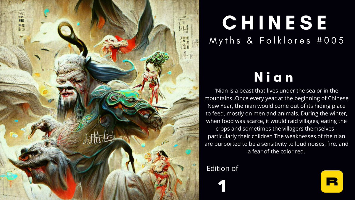 Look what I found! Nian , Myths &amp; Folklores #005  collectible rarible.com/token/0xc91544… #rarible #ethereum #flow #nonfungible #digitalasset #nft via <a href="/rarible/">Rarible</a> #art #nftart #cryptoart #nftartist #nftcollector #nftcommunity #nfts #digitalart #crypto #ethereum #blockchain #artist