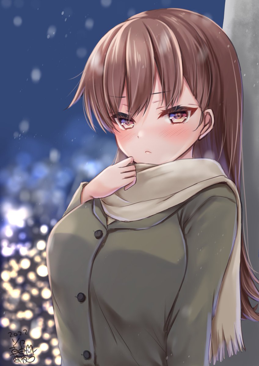 ooi (kancolle) 1girl solo long hair brown hair scarf brown eyes coat  illustration images