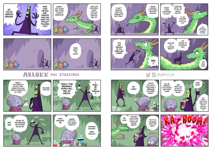 First 14 comics of my webcomic series Arlokk the Atrocious! Great way to catch up! #PortfolioDay 

On Friday at this time slot starts Arlokk's first story arc: "Lost in the Dark" which will be updated weekly.👀
See ya then! 