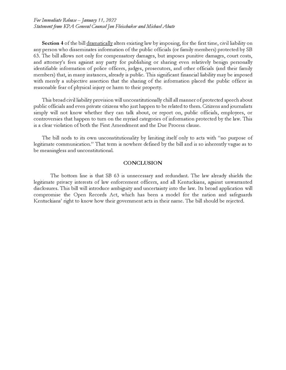 Another Kentucky legislative session; another unconstitutional and unworkable proposal to amend the ORA and create a private right of action to sue journalists or citizens for protected speech (including on this platform). Below is the KPA statement strongly opposing SB 63. 1/