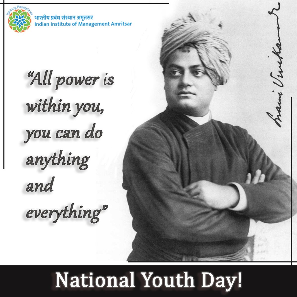 IIMAmritsar's tweet photo. The voice of Swami Vivekananda which rung across across the world on the 11th of September 1893 was more significant than the bell that tolled in honor of the Chicago Convention, in being a voice against all social evils prevalent in the world. @PMOIndia @EduMinOfIndia 
(1/3) https://t.co/mhpyVImps8