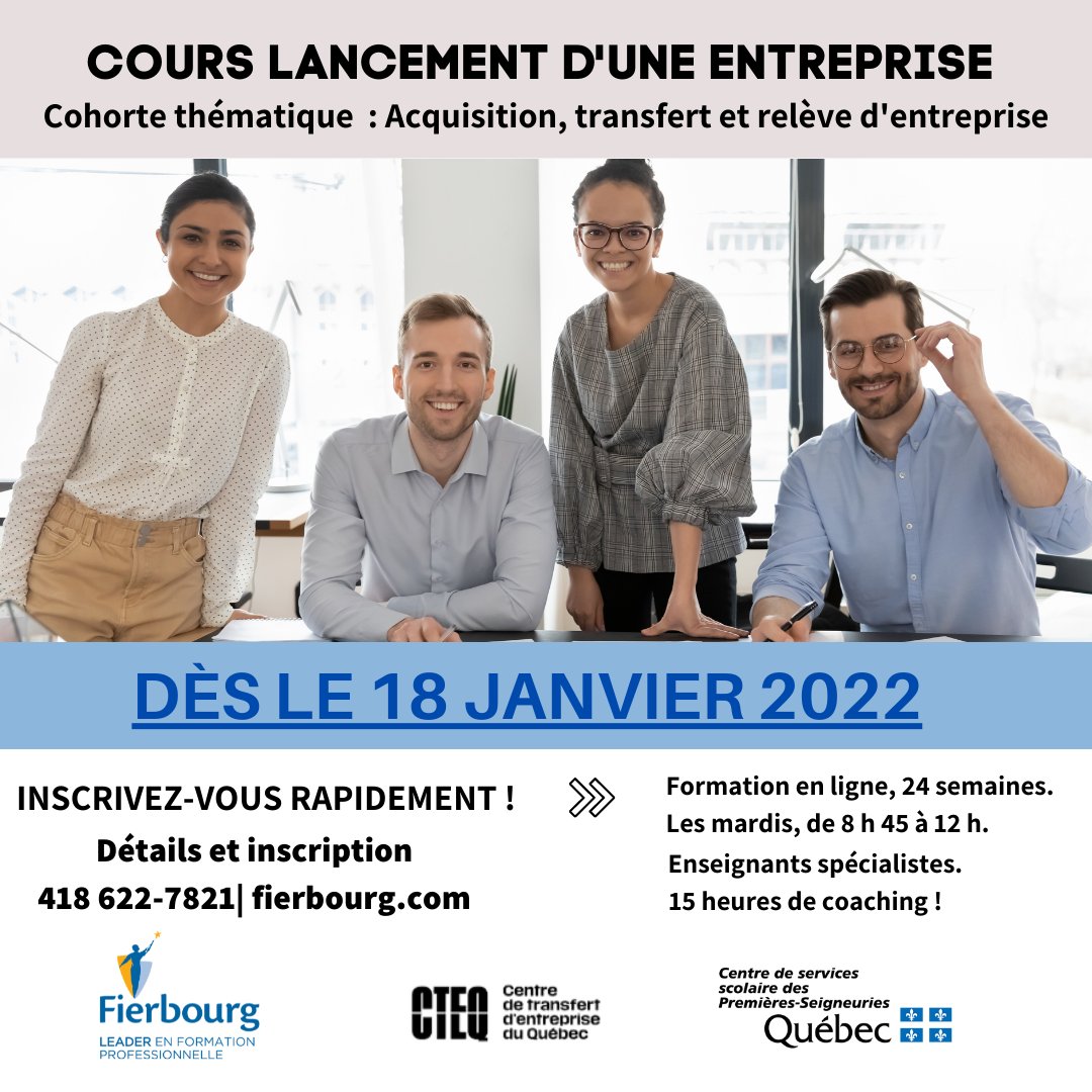 PROGRAMME LANCEMENT D'UNE ENTREPRISE (ASP)
Cohorte thématique : Acquisition, transfert et relève d'entreprise. Plus que quelques places, hâtez-vous. Inscription ici  : fierbourg.com/programmes/lan… #entreprise #formationprofessionnelle #repreneuriat #entrepreneuse #entrepreneur