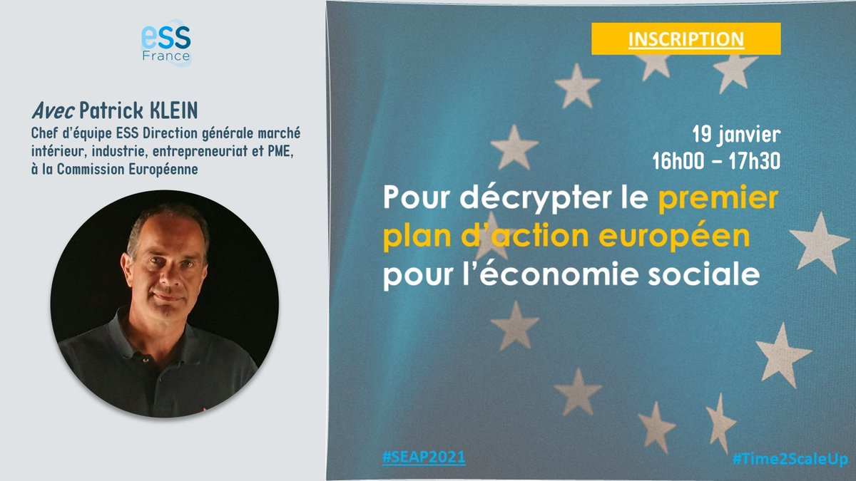ESS France (@ess_france) on Twitter photo 🇪🇺J-7 ! RDV le 19 janvier à 16h en visio pour décrypter le 1er plan d'action européen pour l'#EconomieSociale🧐
Nous aurons le plaisir de recevoir #PatrickKlein de <a href="/EU_Commission/">European Commission</a> ainsi que #VictorMeseguer de <a href="/SocialEcoEU/">Social Economy EU</a> et <a href="/jsaddierESS/">Jerome Saddier</a>
Inscrivez-vous👉ess-france.org/pour-decrypter… 🇪🇺J-7 ! RDV le 19 janvier à 16h en visio pour décrypter le 1er plan d'action européen pour l'#EconomieSociale🧐
Nous aurons le plaisir de recevoir #PatrickKlein de <a href="/EU_Commission/">European Commission</a> ainsi que #VictorMeseguer de <a href="/SocialEcoEU/">Social Economy EU</a> et <a href="/jsaddierESS/">Jerome Saddier</a>
Inscrivez-vous👉ess-france.org/pour-decrypter…