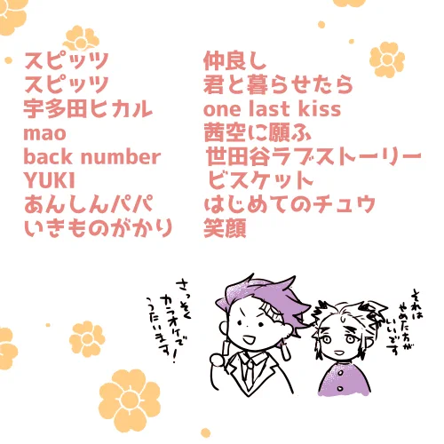 炭千ソングの教えて下さった皆さまありがとうございました! 共有します!
歌詞調べるたびにワー!ってなって喜んで全部プレイリストに入れました🥰
また何か見つけたらぜひ教えてください～✨✨

セタガヤらぶすとーりーは複数の方がおっしゃってるのでとても現パロ炭千なんだなとおもいました 