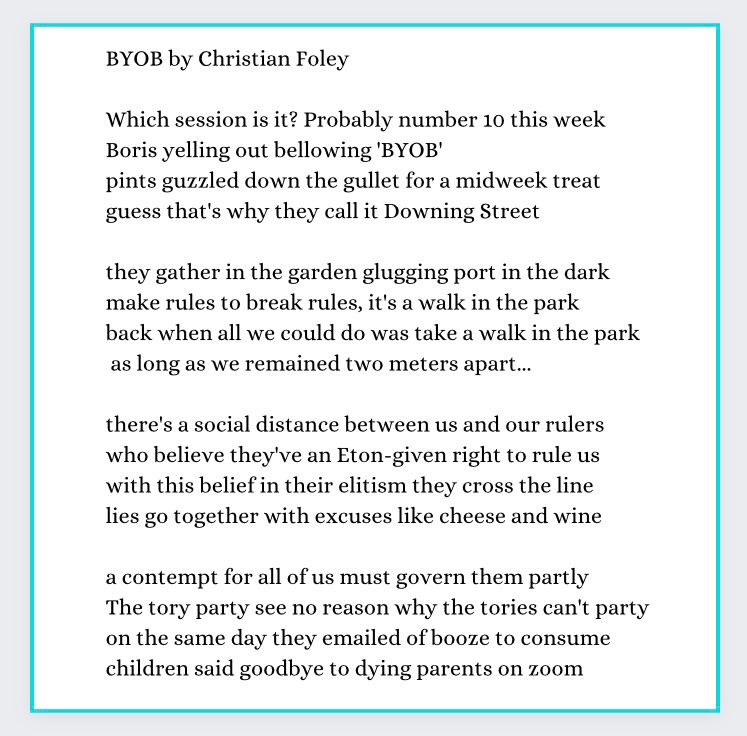 cfoleypoetry's tweet photo. BYOB. A poem for the Tory Party who see no reason why the Tories can’t party. #BorisResign #ToriesOut #BorisOut #PartyGate https://t.co/9rC8wZAfAU