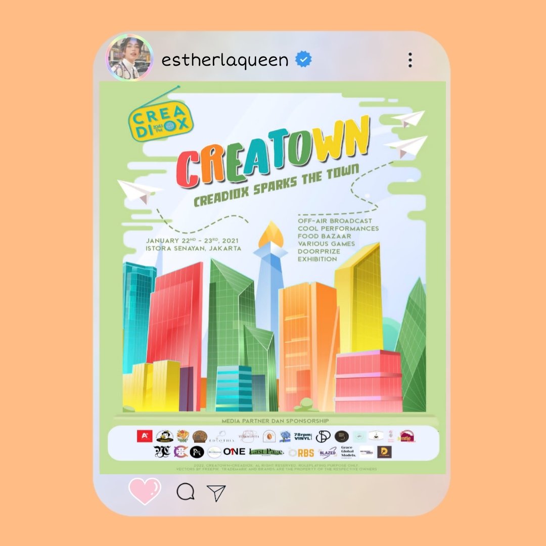 ㅤ

ㅤㅤㅤ 𝐞𝐬𝐭𝐡𝐞𝐫𝐥𝐚𝐪𝐮𝐞𝐞𝐧 posted a photo
ㅤㅤㅤ ━━━━━━━━━━━━━━

hai hai hai! pastinya kalian udah tau dong radio creadiox FM? nah tanggal 22-23 Januari nanti, creadiox bakal adain event off-air broadcast "CREATOWN" loh! 

.........

ㅤㅤ