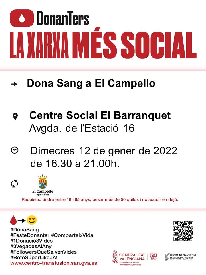 Dona sang a #ElCampello
📅 Dimecres #12gener
👉Baixen les reserves dels grups 🅰️i 🅾️,  𝒍𝒂 𝒕𝒆𝒖𝒂 𝒅𝒐𝒏𝒂𝒄𝒊𝒐́ 𝒆́𝒔 𝒊𝒎𝒑𝒓𝒆𝒔𝒄𝒊𝒏𝒅𝒊𝒃𝒍𝒆 per a atendre la demanda hospitalària.