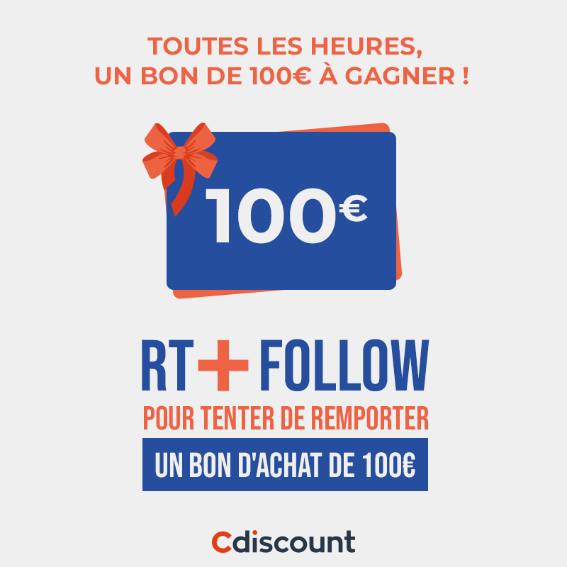 🎁 #Concours des Soldes - 10H30 🎁

💸 On vous offre 100€ pour les #CdiscountSoldes toutes les heures jusqu'à 15H30 ! 

⏰ Mettez votre alarme

Tu veux tenter ta chance ? 
🔶 Retweet ce tweet
🔶 Follow <a href="/Cdiscount/">Cdiscount</a>

🍀 TAS à 11H30