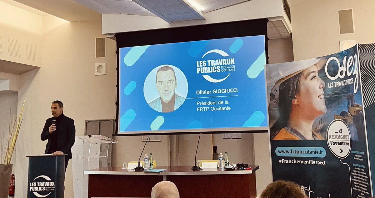 ScamTp's tweet photo. « Osons les #travauxpublics ! »
LA phrase à retenir ce matin aux vœux de @GiorgiucciO pour la @FRTP_MidiPy sur #Montpellier 
Processus enclenché vers la #transition écologique 👏 @Montpellier3m se veut rassurante sur les investissements qui permettront d’atteindre ces objectifs ! https://t.co/nWpT7qjAUH