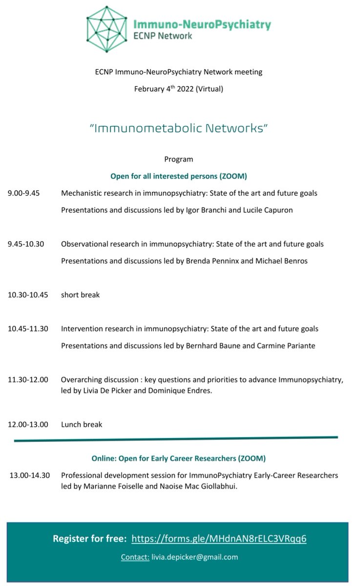 Livia De Picker🌻 (@liviadepicker) on Twitter photo Fascinated by #Immunopsychiatry? Join us at the next ECNP Immuno-NeuroPsychiatry Network Virtual Meeting on Feb 4th.
Register for free: forms.gle/MHdnAN8rELC3VR…
@ECNPtweets <a href="/LeboyerMarion/">marion Leboyer</a> <a href="/MichaelBenros/">Michael E. Benros</a> @ParianteLab <a href="/IgorBranchi/">igor branchi, moving to @igorbranchi.bsky.social</a> @MarianneFoisell <a href="/LCapuron/">Lucile Capuron</a> <a href="/LamersFemke/">Femke Lamers</a> Fascinated by #Immunopsychiatry? Join us at the next ECNP Immuno-NeuroPsychiatry Network Virtual Meeting on Feb 4th.
Register for free: forms.gle/MHdnAN8rELC3VR…
@ECNPtweets <a href="/LeboyerMarion/">marion Leboyer</a> <a href="/MichaelBenros/">Michael E. Benros</a> @ParianteLab <a href="/IgorBranchi/">igor branchi, moving to @igorbranchi.bsky.social</a> @MarianneFoisell <a href="/LCapuron/">Lucile Capuron</a> <a href="/LamersFemke/">Femke Lamers</a>