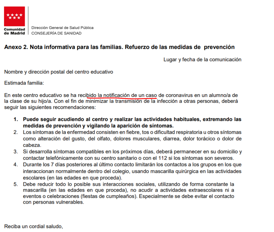 En el protocolo de la <a href="/ComunidadMadrid/">Comunidad de Madrid</a> del 5 de Enero, hay un anexo para comunicar a los padres: 
🔺 1 SÓLO CASO🔺de covid en la clase de su hijo, así que pueden hacerlo perfectamente🧵
