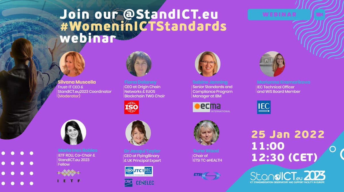 Women &amp; Standards 👩‍💻
Join <a href="/Stand_ICT/">StandICT</a> Webinar &amp; prestigious panel to discover how #ICT is dominating the #Standardisation arena through their work in a wide range of international SDOs. #WomenInICTStandards
🗓️25 Jan. - 11:00am (CET)
Register now!
standict.eu/events/7th-wal…