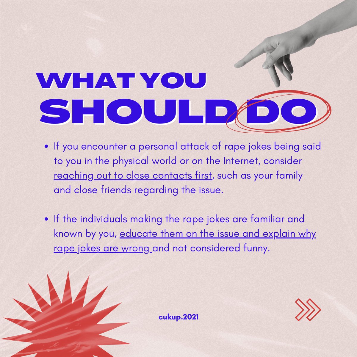 Cukup2021's tweet photo. Don't know what to do?

Here are a few things that you should do when encounter a rape jokes whether in real life or in the internet.

#JanganJadiPunca
#RogolBukanJenaka
#EnoughIsEnough https://t.co/H045TxZMji