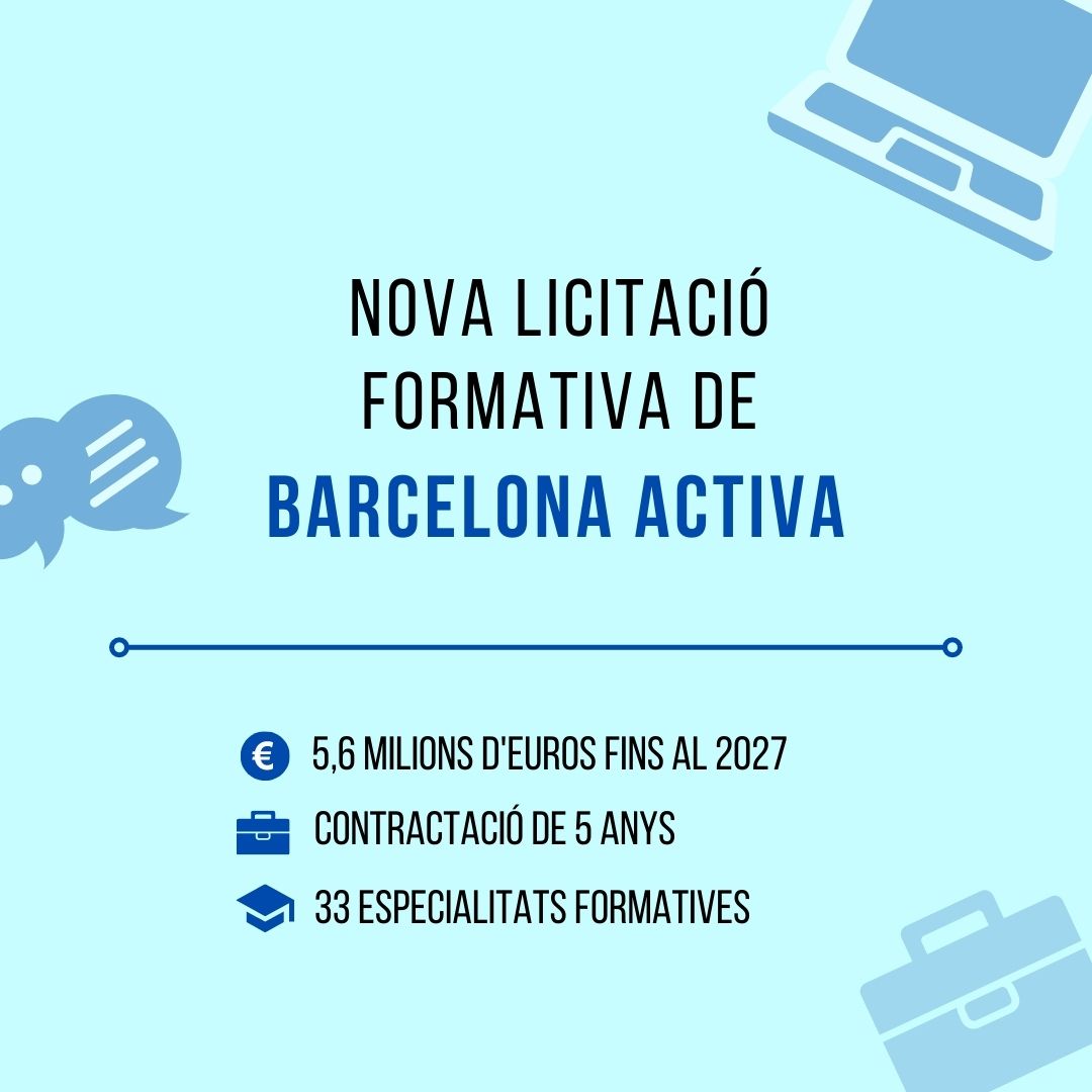 Posem en marxa una nova licitació formativa! 🗣️💯

Amb un pressupost de 5,6M€, durant 5 anys oferirem formacions en 33 especialitats diferents de curta durada i d'alta especialització en:

✅Innovació
✅Orientació professional
✅Tecnologia
✅Coaching laboral
✅Comunicació
(...)