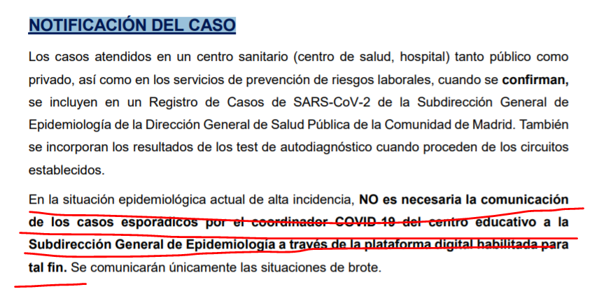 Éste párrafo no indica la "no comunicación a las familias" sino a "salud pública"  para que tome una determinación con respecto a la clase con informar a los padres. Que no os engañen.
🔴Si no os informan denunciad a la Dirección del Colegio no sin antes avisarles. 🔺FIN🔺