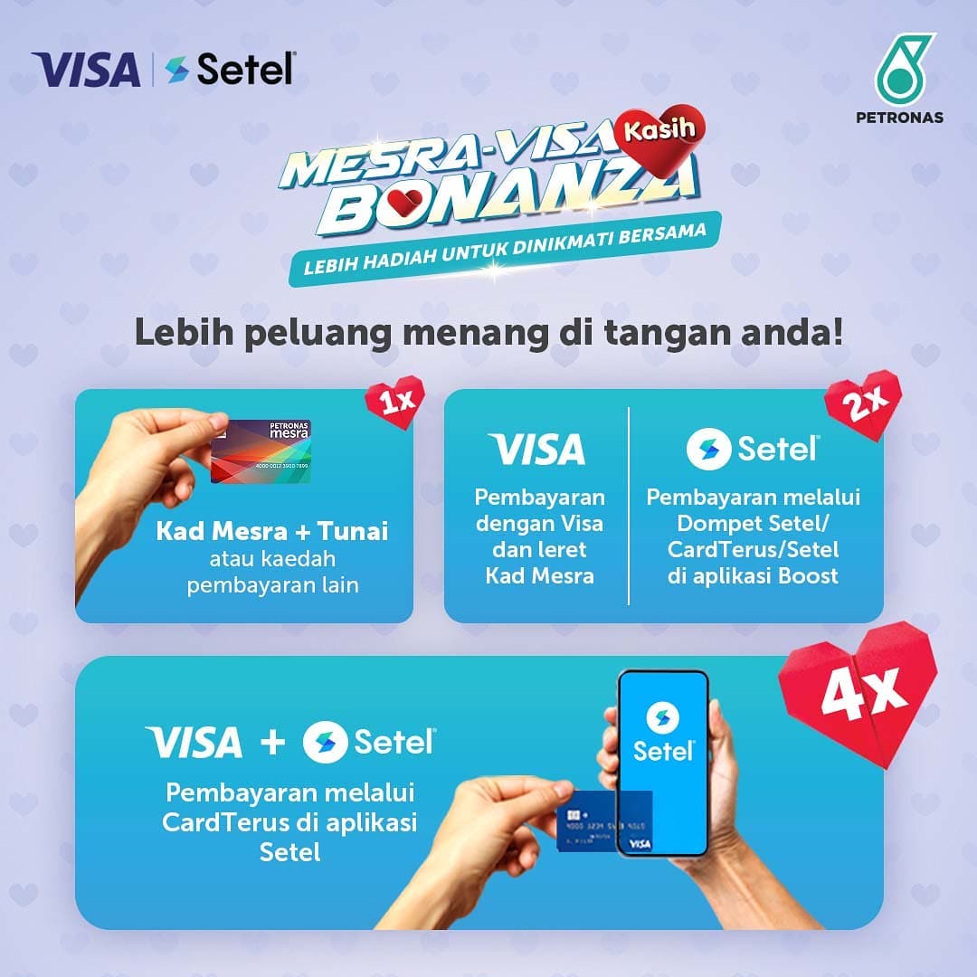 setel's tweet photo. ⛽RON97 is up by RM0.04 sen/litre this week!
Last month to earn your share of RM1 MILLION worth of prizes from Mesra-Visa Kasih Bonanza! 🤩
Unlock DahSetel vaccine badge & spend with Visa #CardTerus to bump up your chances of winning!
😉💰
https://t.co/PJK2OQnqFN https://t.co/3J9knwG3jS