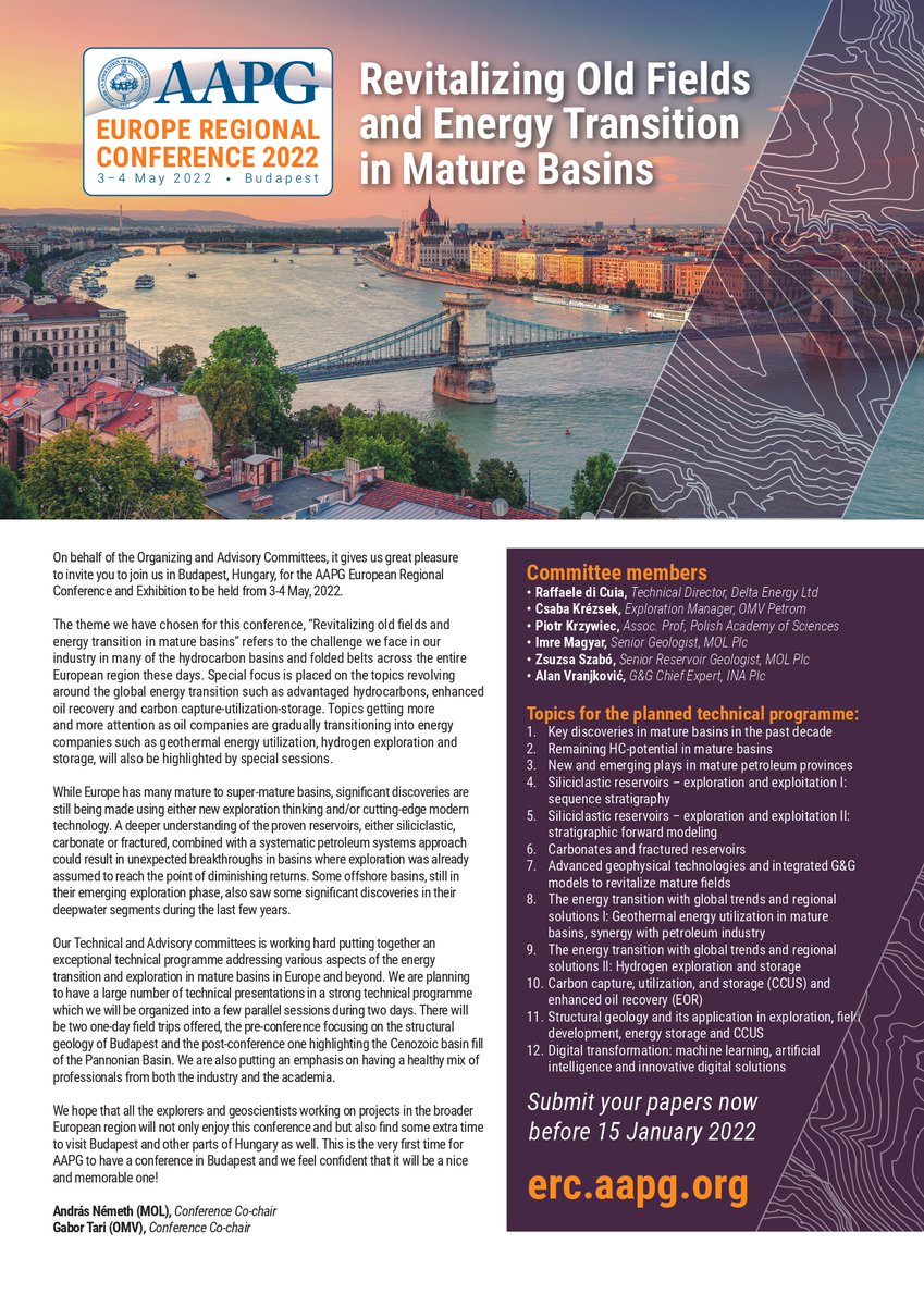 ❗️Abstract Call - The abstract submission deadline: 15th January 2022❗️

AAPG Europe Regional Conference, Budapest 🇭🇺, 3-4 May 2022

Registration: na.eventscloud.com/ereg/newreg.ph…

More info about the conference: erc.aapg.org/2022/
 
#AAPG #geology #conference #Budapest